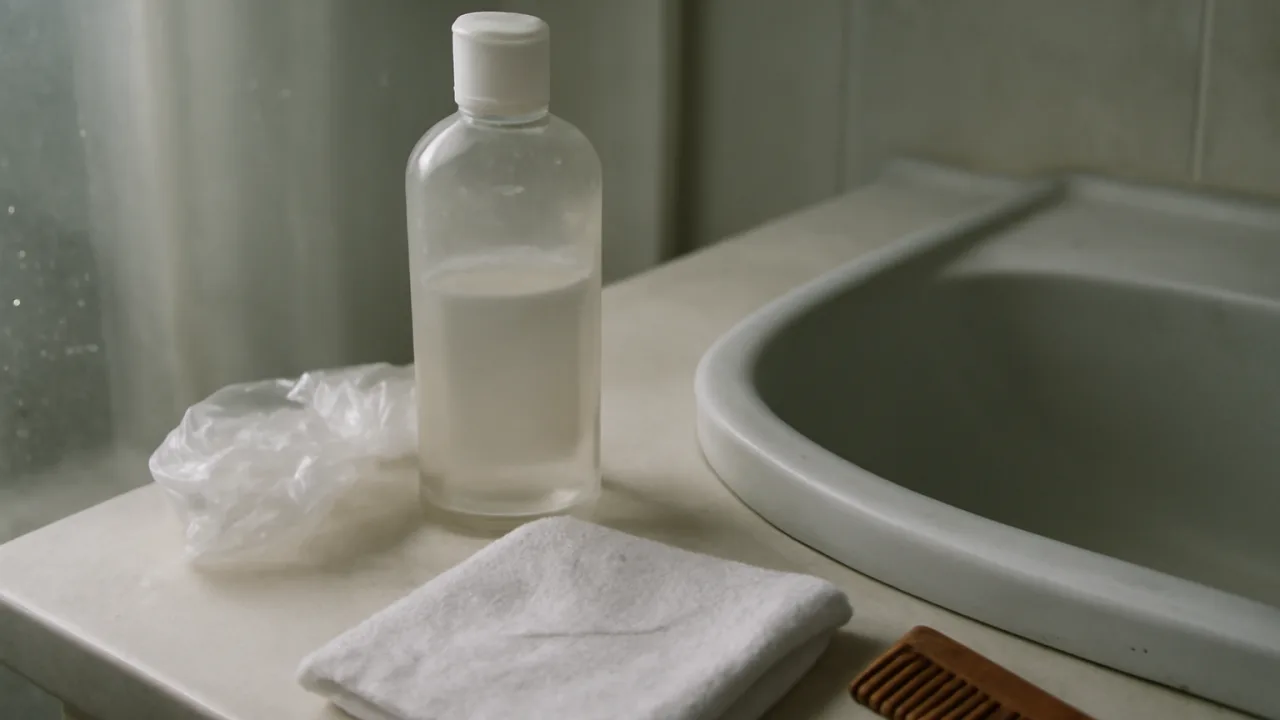 Duş sonrası bir banyo tezgâhında, markasız şampuan şişesi ve dağınık yerleştirilmiş saç aksesuarları görünen gerçekçi bir anlık fotoğraf.